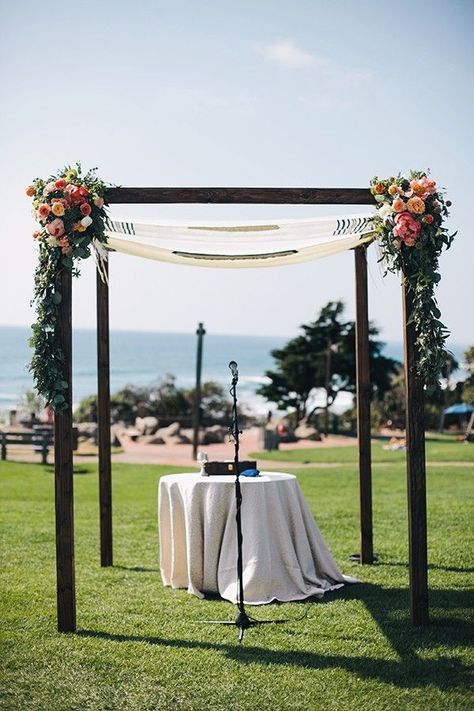 Sweet and simple chuppah overlooking the ocean at L'Auberge Del Mar. Venue & Coordinator: Elizabeth Galloway of L'auberge Del Mar. Simple Chuppah, Wedding Chuppah Flowers, Venue Coordinator, Mandap Ideas, Wedding Table Placement, Story Timeline, Chuppah Flowers, Camera Tips And Tricks, Chuppah Decor