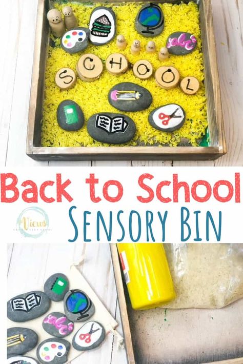 Back to School Sensory Bin with Painted Rocks - Views From a Step Stool School Sensory Bin, Back To School Sensory Bin, Back To School Sensory, Gratitude Crafts, Pumpkin Books, Go Back To School, Sensory Table, Sensory Bin, Basic Math