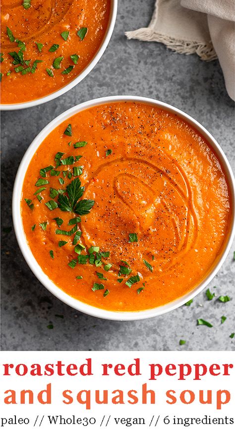 6 ingredients make this easy and vegan and Whole30 roasted acorn squash soup. Simply roast red peppers and squash and blend with broth and spices. Perfect for an easy weeknight dinner or party appetizer. - Eat the Gains #vegan #sqaushsoup #acornsquash #paleosoup #redpeppersoup #whole30recipes Pepper Squash, Gains Recipes, Whole 30 Soup, Acorn Squash Soup, Red Pepper Soup, Keto Easy, Paleo Soup, Vegan Ideas, Allergy Awareness