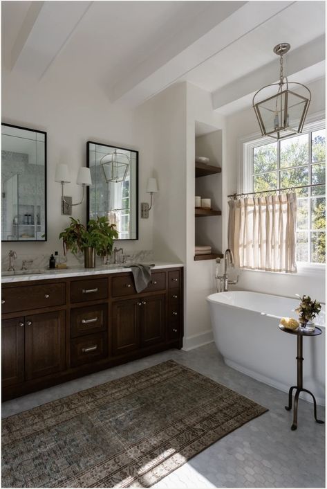 Bathroom With Walnut Cabinets, Bathroom Ideas With Wood, Cafe Curtains Bathroom, Amber Interiors Bathroom, European Bathroom Design, Ideas With Wood, Dark Wood Bathroom, Bathtub Remodel, Primary Bath