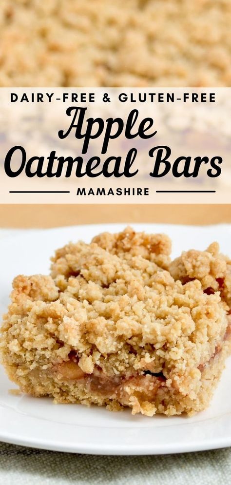 A square slice of apple oatmeal bars that have been made with a gluten-free recipe. Gluten Free Apple Recipes, Apple Cinnamon Oatmeal, Apple Oatmeal, Gluten Free Oatmeal, Cinnamon Oatmeal, Oatmeal Bars, Gf Desserts, Gluten Free Sweets, Gluten Free Dairy Free Recipes