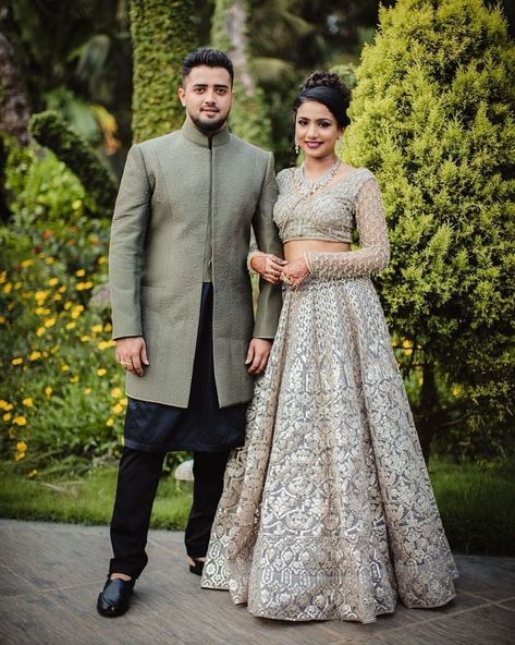 Trending Color! Brides in Grey Wedding Outfits look Shinier than the Stars | ShaadiSaga Engagement Dress For Groom, Orang India, Engagement Dress For Bride, Indian Engagement, Wedding Outfits For Groom, Groom Dress Men, Indian Groom Wear, Wedding Dresses Men Indian, Couples Outfits