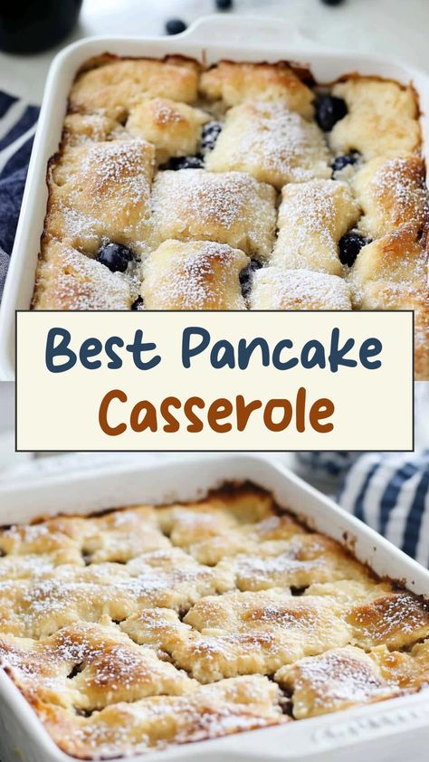 Indulge in a delightful breakfast with this easy-to-make pancake casserole. Perfect for feeding a crowd or meal prepping for the week, this recipe is sure to become a family favorite. With layers of fluffy pancakes, sweet berries, and creamy yogurt, this casserole is both delicious and satisfying. Whether you're hosting brunch or simply want to switch up your morning routine, this pancake casserole is a must-try dish that will leave everyone asking for seconds. Pancake Casserole Bisquick, Baked Pancake Casserole, Make Ahead Pancake Casserole, Pancake For A Crowd, Breakfast Casserole Sweet Easy, Sweet Brunch Casserole, Breakfast Casserole Pancake, Sweet Breakfast Casserole Recipes, Things To Do With Pancake Mix Ideas