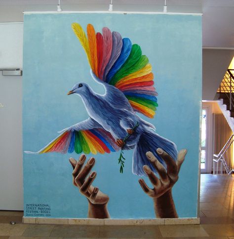 Mural - "Peace Dove" original design in acrylic on wall, in Sogel, Germany, 2014 Peace Collage, Mural School, Mural Inspiration, Teach Peace, Mural Ideas, Peace Art, Peace Dove, Mural Design, Dress Sketches