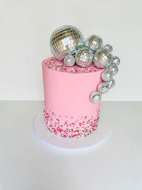 Hot Pink Disco Ball Birthday Cake, Mirror Ball Party Decor, Pink Disco Ball Cake, Disco Party Cake Ideas, Disco Ball Cake Pops, Pink Disco Cake, Disco Cake Ideas, Disco Birthday Cake, Cheerleader Birthday Party