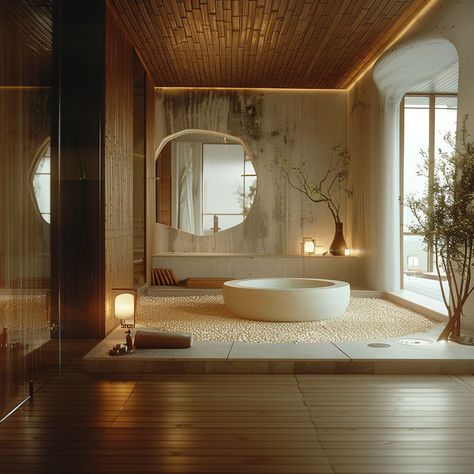 Shoji Screens, Warm Lighting, Open Layout, Nature Indoors, Soaking Tub, Natural Elements, Decor Bathroom, Home Staging, Water Features