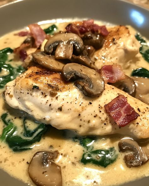 Smothered Chicken: Sautéed Mushrooms: Creamed Spinach: Serving: This combination of smothered chicken with sautéed mushrooms … Smothered Chicken With Creamed Spinach And Mushrooms, Continental Chicken, Smothered Chicken With Creamed Spinach, Chicken With Creamed Spinach, Asiago Chicken, Spinach And Mushrooms, Sautéed Mushrooms, Spinach Mushroom, Smothered Chicken