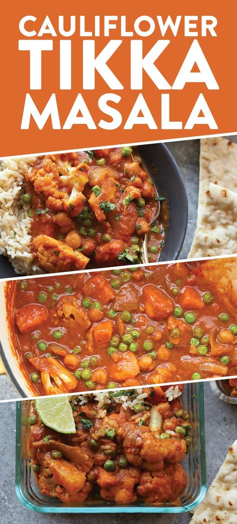 Pack your lunch or dinner with tons of veggies and warm spices. This Cauliflower Tikka Masala Recipe is vegetarian, loaded with hearty ingredients, and the best recipe for fall or winter meal prep! Meal Prep Cauliflower, Winter Meal Prep, Cauliflower Tikka Masala, Recipe For Fall, Pack Your Lunch, Tikka Masala Recipe, Fit Foodie, Masala Recipe, Diet Vegetarian