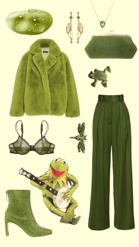 kermit the frog chic #kermitthefrog #kermit #muppets #themuppets #themuppetshow Kermit The Frog Halloween Costume, Muppets Group Costume, Kermit The Frog Costume For Women, Muppetcore Outfits, Kermit The Frog Costume Diy, Muppets Inspired Outfits, Muppet Inspired Outfits, Kermit Halloween Costume, Muppet Halloween Costumes