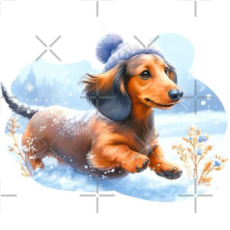 Dachshund Through the Snow - Doxie Winter Painting by Star-Fragment | Redbubble Dachshund Art Illustration, Star Fragment, Dachshund Cartoon, Dachshund Through The Snow, Dachshund Stuff, Snow Painting, Dog Portraits Painting, Shirt Transfers, Dachshund Puppy Miniature