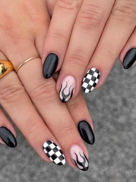 White Nails With Flames, Nails With Flames, Racing Nails, Concert Nails, Black And White Nails, Mens Nails, Short Acrylic, Cute Gel Nails, Trendy Nail Design