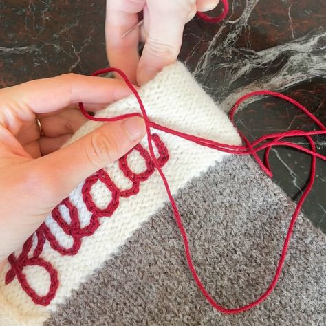 How to Personalize a Christmas Stocking - Originally Lovely Cricket Christmas Stocking, Diy Knitted Christmas Stocking, Holiday Stockings Ideas, Christmas Stockings Made From Old Sweaters, Names On Stockings Diy Cricut, Lined Christmas Stocking Tutorial, Pet Christmas Stockings Diy, Knitting Christmas Stockings Pattern, Embroider Name On Stocking