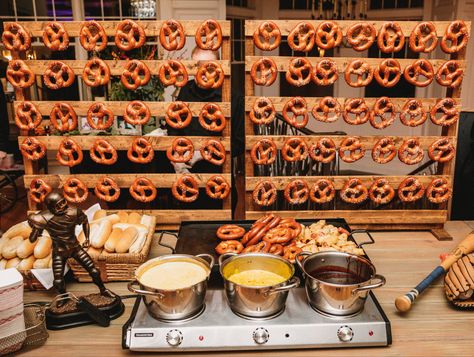 Dinner Stations Wedding, Soft Pretzels At Wedding, Soft Pretzels Wedding, Soft Pretzel Board Wedding, Soft Pretzel Station, Snack Buffet Wedding, Wedding Soft Pretzel Bar, Pretzel Bar Wedding Ideas, Diy Pretzel Bar