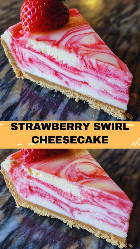 🍓 Strawberry Swirl Cheesecake: A Dreamy Dessert 🍰 Elevate your dessert game with this stunning Strawberry Swirl Cheesecake! With a buttery graham cracker crust, creamy cheesecake filling, and a vibrant strawberry swirl, this recipe is both delicious and visually striking. Perfect for holidays, special gatherings, or any day you want to treat yourself! This easy-to-follow recipe will guide you step-by-step, creating a cheesecake that’s sure to impress. 8in Cheesecake Recipe, Strawberry Glaze Recipe Cheesecake, Strawberry Cheesecake Filling Recipe, Strawberry Cheesecake Decoration, Strawberry Swirl Cheesecake Recipe, Baked Strawberry Cheesecake, Valentine Cheesecake Ideas, 10 Inch Cheesecake Recipe, Cheesecake Design Ideas