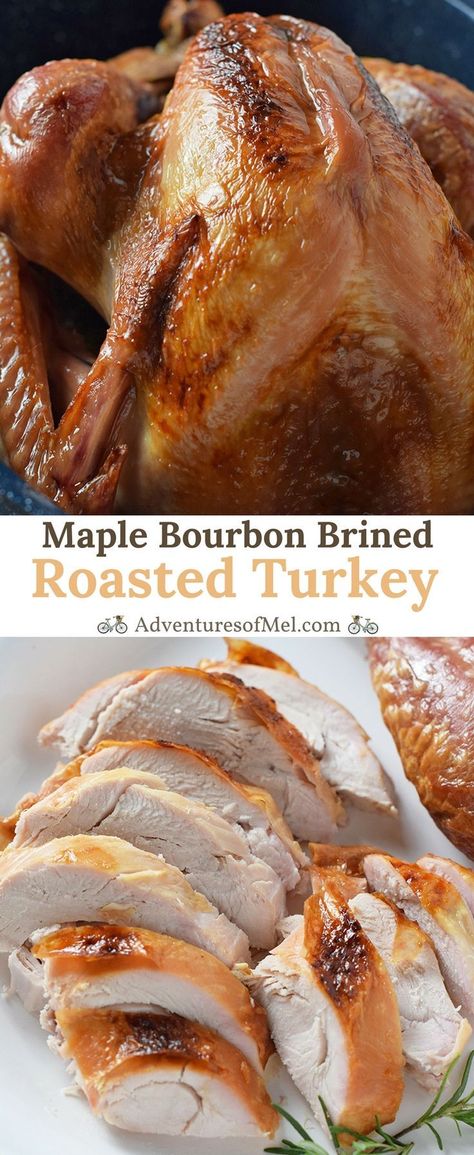 Maple Bourbon Brined Roasted Turkey recipe. How to make a perfectly cooked, moist, delicious turkey for dinner and holiday celebrations. Bourbon Turkey Brine, Bourbon Brine, Smoked Turkey Brine, Best Turkey Brine, Easy Turkey Brine, Roasted Turkey Recipe, Bourbon Turkey, Brined Turkey, Turkey Brine Recipes