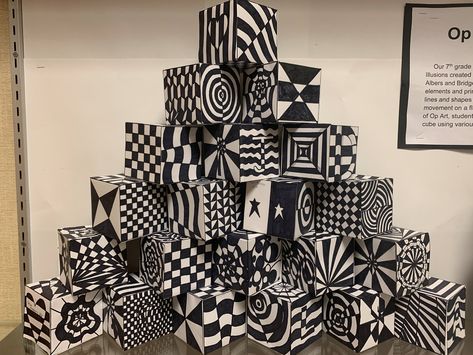 Op Art Lessons, Cube Template, Paint Jewelry, Art Cube, 8th Grade Art, Middle School Art Projects, Optical Illusions Art, Optical Art, Elementary Art Projects