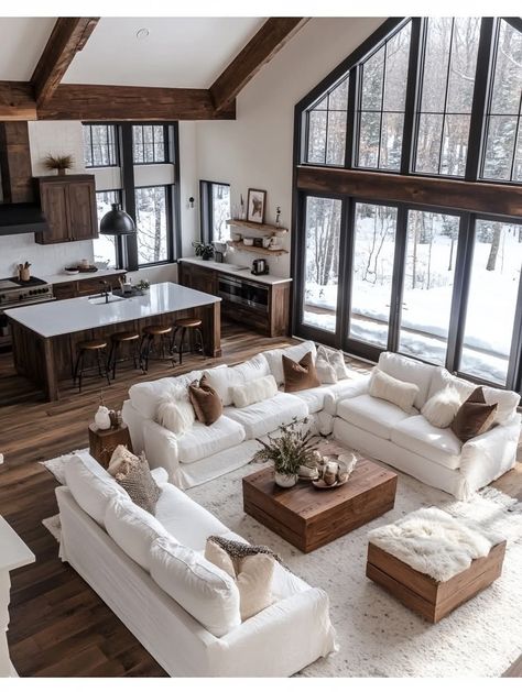 Huge Farmhouse Living Room, Dream Country Home Interior, White Barn House Modern Farmhouse, Barndominium Room Ideas, Modern Montana Home, Aesthetic House Living Room, Boho House Inspo, Dream Farmhouse Living Room, Beautiful Cozy Homes