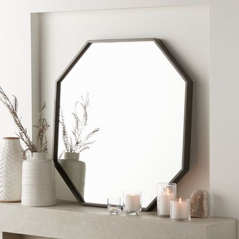 Octagon Grey Oak Wall Mirror Mantle Inspiration, Mirror Styling, Octagon Mirror, Black Accent Table, Rectangular Bathroom Mirror, Over The Door Mirror, Entry Ideas, Oak Wall, Metal End Tables