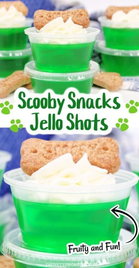 Learn how to make these adorable Scooby snacks jello shots from the Soccer Mom Blog! These jello shots are fruity and fun! They are the perfect fun, alcoholic dessert to serve at any party. Try this easy recipe this summer! Lime Jello Shots, Scooby Snack Shot, Best Jello Shots, Green Jello, Alcholic Drinks, Pudding Shots, Jello Shot Recipes, Scooby Snacks, Party Food Dessert