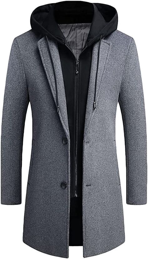 PRIJOUHE Men's Wool Coat Hoodie Long Trench Coat Cotton Casual Woollen Overcoat Jacket Large at Amazon Men’s Clothing store Long Jacket Men, Men Overcoat, Hood Men, Mens Wool Coats, Overcoat Jacket, Long Overcoat, Winter Trench Coat, Wool Overcoat, Wool Trench Coat