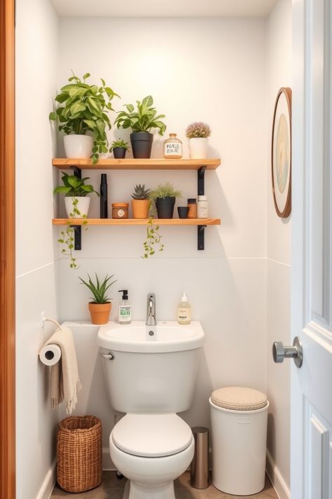 Transform your small bathroom into an organized oasis with wall-mounted shelves filled with plants and decorative items. Learn how to make the most of your space! #SmallBathroomIdeas #HomeOrganization Small Bathroom No Bath, Tiny Restroom Ideas Decor, Hobo Bathroom Ideas, Space Saving Toilet And Sink, Retro Small Bathroom, Cute Tiny Bathroom, Bathroom Shelves Over Toilet Diy, Small Half Bathroom Decor Ideas, Tiny Bathroom Inspiration