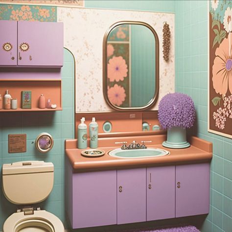 50s Interior, 70s Bathroom, Pastel Bathroom, 70s Room, Best Bathroom Paint Colors, 60s Interior, Pastel Home Decor, Purple Bathrooms, Bathroom Paint