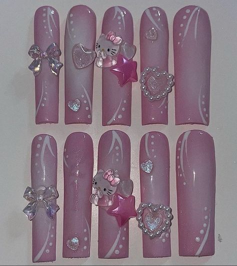 Dolly Nails, Hello Kitty Nails Art, Cute Acrylic Nail Designs, Y2k Nails, Hello Kitty Nails, Pretty Gel Nails, Really Cute Nails, Unique Acrylic Nails, Bling Acrylic Nails