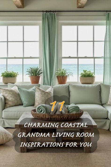 I love this serene coastal grandma living room design! The soft mint green colors, paired with cozy textiles and beautiful plants, create a perfect retreat. This space invites you to relax and enjoy the soothing ocean views. Discover 11 charming inspirations to elevate your living room decor! Seafoam Green Living Room, Mint Green Living Room Ideas, Mint Green Living Room, Grandma Living Room, Grey Coastal Living Rooms, Hollywood Regency Bedroom, Green Living Room Ideas, Funky Living Rooms, Cozy Textiles