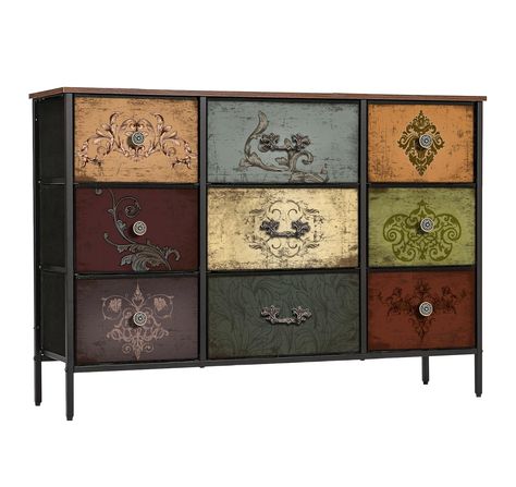 PRICES MAY VARY. 【Large Capacity】This wide chest of drawers has 9 drawers, each can hold up to 10 pounds. Large and deep drawers are spacious for clothes, pants, shirts, jeans, dresses, neckties, turbans, scarves and other personal accessories like socks, underwear etc. The top board can hold up to about 66 pound. 【Stylish Floral Design】These storage chest drawers are printed with decorative patterns which are novelty and aesthetic. The delicate pattern of the fancy organizer unit will automatic Dresser Aesthetic, Drawers For Closet, Tv Stand Storage, Wide Tv Stand, Closet Nursery, Chest Drawers, Wide Chest Of Drawers, Fabric Dresser, Dresser For Bedroom