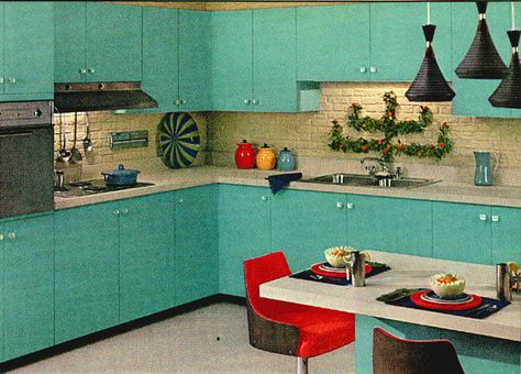 Sherwin Williams 1963. I love the lights over the table but hate the thing that looks like it is growing out of the sink! Vintage Homemaker, 1950s Home Decor, Retro Rooms, 70s Kitchen, 1970s Kitchen, 1960s Home, 70s Interior, Vintage Kitchens, 1970s Home