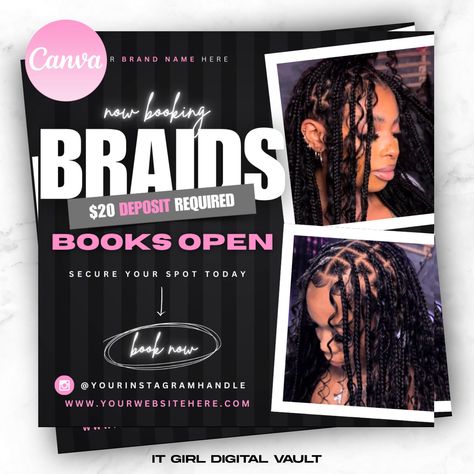 Editable Braids flyer, Braids booking Flyer, Braids Specials, Braid Flyer, Hair install Flyer, Hair Flyer, Social Media Flyer. Braid Special Flyer, Braids Flyer Design, Hair Specials Flyer, Business Flyer Design Ideas, Homecoming Campaign, Hair Poster, Hair Business Cards, Black Photography, Design Essentials