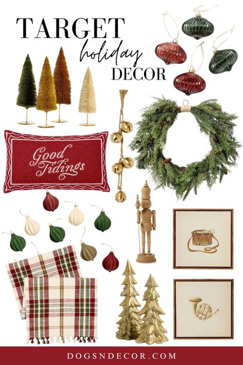 2024 Studio McGee Target Holiday Collection featuring dark red, green, and gold festive decor including trees, ornaments, and wreaths. Neutral Red And Green Christmas, Target Christmas Decor 2024, Red And Green Boho Christmas Decor, Traditional Red And Green Christmas Decor, Target Christmas 2024, Neutral Christmas Decor With Pops Of Red, Modern Traditional Christmas Decor, Christmas Decor Color Schemes, Christmas 2024 Trends