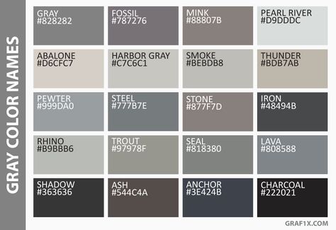 List of Colors with Color Names – graf1x.com Grey Colour Chart, Color Names Baby, Grey Color Names, Shades Of Gray Color, Pantone Color Chart, Coloring Images, Grey Color Palette, Color Name, Color Psychology