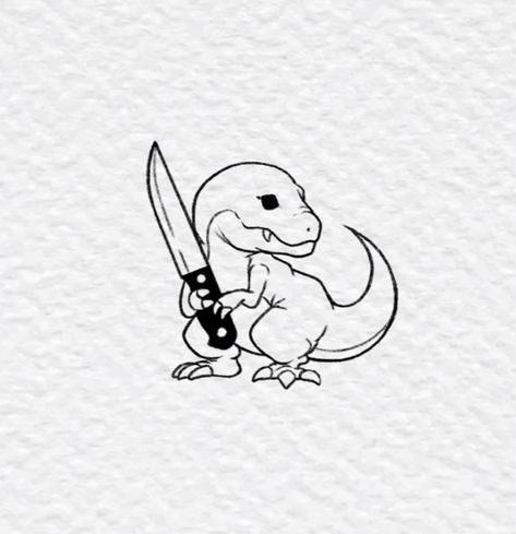 Dino Sibling Tattoos, Unique Dinosaur Tattoo, Dinosaur Sketch Tattoo, Small Drawing Tattoo Ideas, Dino Flash Tattoo, Opposite Tattoo Ideas, Mini Cute Tattoos Simple, Trex Cute Tattoo, Dino With Knife Tattoo