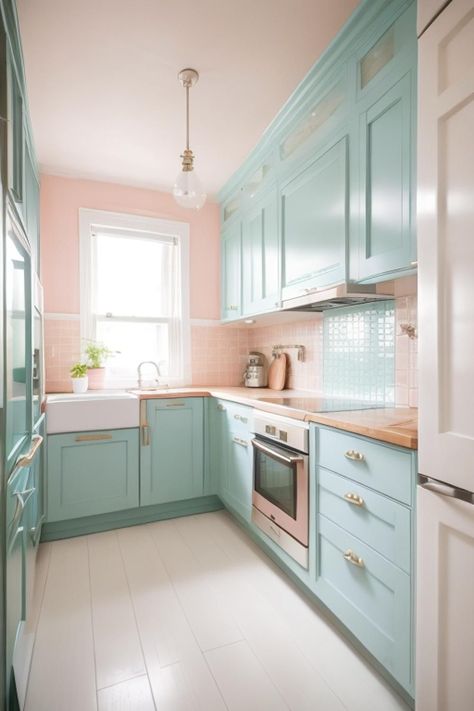 Aesthetic Kitchen Ideas, Tiffany Blue Kitchen, Turquoise Kitchen Cabinets, Bohemian Kitchen Decor, Wood Kitchen Counters, Boho Chic Kitchen, Pastel Interior Design, Kitchen Unit Designs, Teal Palette