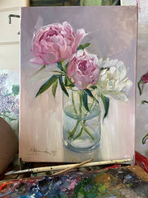 Peonies Canvas Painting, Peony Flower Painting Acrylic, Painting Peonies Acrylic, How To Paint Peonies, Peonies Painting Acrylic, Impasto Painting Tutorial, Pink Painting Ideas On Canvas, Peonies Painting, Abstract Painting Acrylic Modern