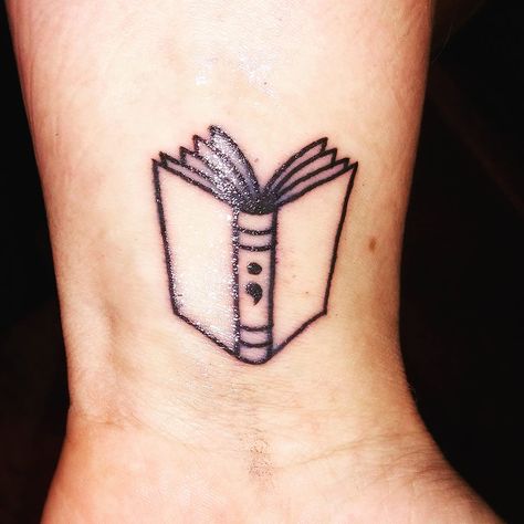 Book/semicolon tattoo--I love this!                                                                                                                                                                                 More Cross And Semicolon Tattoo, Owl Feather Tattoos, Meaning Symbols, Semicolon Tattoo Meaning, Semicolon Tattoos, Special Tattoo, Colon Tattoo, Bookish Tattoos, Special Tattoos