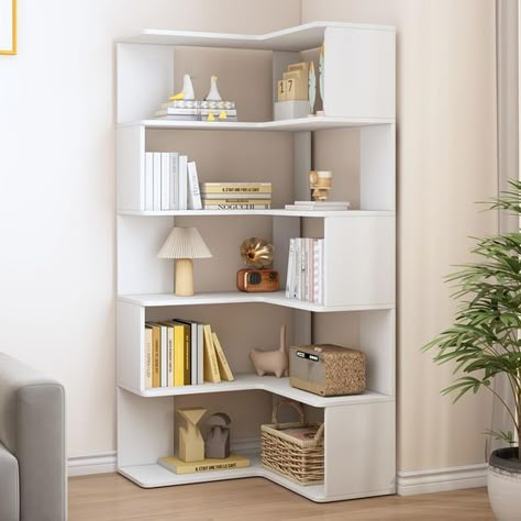 PRICES MAY VARY. STYLE - The staggered design of the shelves makes it more stylish and classy; FEATURES - L-shaped bookshelves fit perfectly in corners, maximize the use of space in a room; STRUCTURE - Floor-standing shelves without legs make for stronger and more stable; SCENES - Study, bedroom, living room, children's room, and office are all perfect scenarios for this shelf; ASSEMBLE - Clear step-by-step instructions make it easy to install this L bookcase. Still struggling with a small space Small Office Corner In Living Room, Small Library Room Ideas Bookshelves, Bedroom Corner Shelves, Open Shelves Bedroom, Small Bookshelf Aesthetic, L Shaped Bookshelf, Living Room Designs Boho, Book Shelf Ideas Bedroom, Covered Shelves