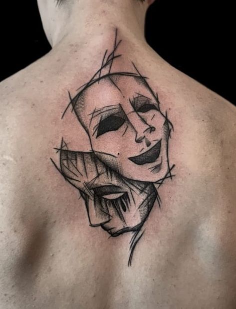 Theater Mask Tattoo, Theatre Tattoo, Mask Sketch, Faces Tattoo, Sketchy Tattoo, Emo Tattoos, Sketch Style Tattoos, Theatre Masks, Mask Tattoo