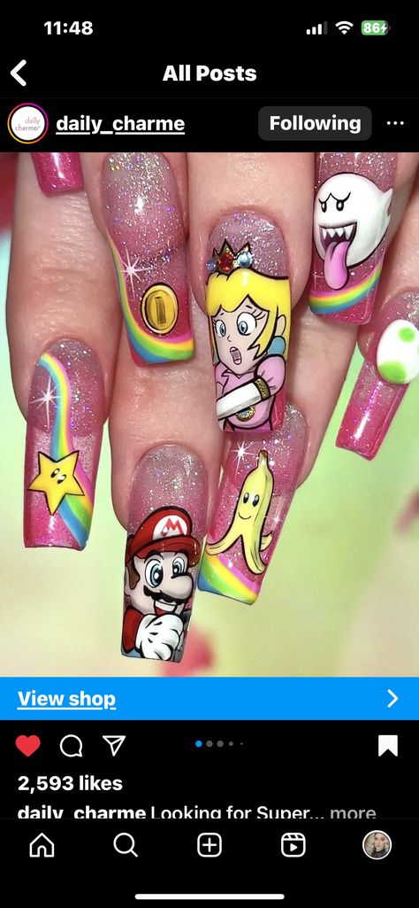 Mario Brother Nails, Mario Bros Nails Art Designs, Princess Bubblegum Nails, Cartoon Network Nails, Mario Kart Nails, Video Game Nails, Mario Nail Art, Super Mario Nails, Mario Nails