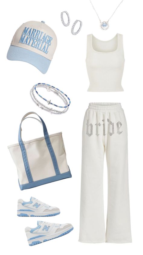 casual bridal outfit, marriage material hat, bridemerch, something blue, honeymoon outfit, airport outfit, blue boat bag, blue new balances #ootd #bridetobe Boat Party Outfit, Outfit Airport, Boat Bag, New Balances, Marriage Material, Bachelorette Themes, Blue Boat, Bachelorette Party Bride, Bachelorette Party Outfit