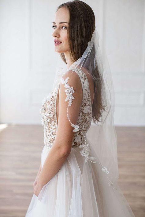 The Wedding Veil Styles That Will Be Trending in 2018 Wedding Veil Styles, Embellished Veil, Petite Bride, Bride Hair Pins, Chapel Length Veil, Layered Veil, Fingertip Veil, Veil Styles, Beaded Edge