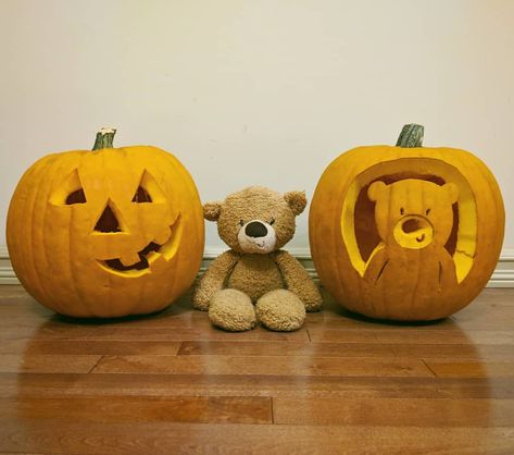 Teddy Bear Pumpkin Carving, Winnie The Pooh Jack O Lantern, Bear Pumpkin Carving, Teddy Bear Pumpkin, Jellycat Pumpkin Bear, Jack O Lantern Eating Small Pumpkin, Sams Jack O Lantern Carving, Bear Pumpkin, Pumkin Carving