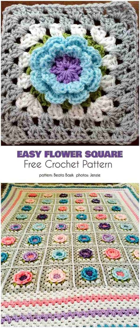 Easy Flower Blanket Free Crochet Pattern Flower Square Crochet, Crochet Flower Square, Flower Granny Square Pattern, Crochet Flower Granny Square, Crochet Flower Granny Square Pattern, Motifs Granny Square, Crochet Flower Squares, Sunburst Granny Square, Crochet Flower Blanket