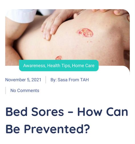 Bedsores are ulcers that happen on specific areas of the body that are under pressure from lying in bed, sitting in a wheelchair or wearing a cast for a prolonged time. Since it is a common condition in bedridden patients, let’s get to know more👇 #TreatatHome #SasafromTAH #HomeCare #Bedsores #TreatatHomeApp Bedridden Patient Care, Bed Sores, Pressure Ulcer, Lying In Bed, Poor Nutrition, Canker Sore, Pelvic Pain, Scar Tissue, Old Age