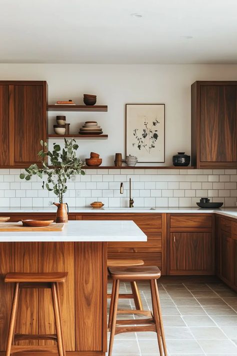 42 Trendy Mid Century Modern Kitchen Design Ideas | VIVA Mid Century Modern Kitchen Small Apartment, Light Kitchen Dark Walls, Mid Century Modern Kitchen Wood Cabinets, Walnut Home Interior, Earthy Modern Kitchen Design, Kitchen 60s Style Modern, Small One Side Kitchen Ideas, Modern Midcentury Home Kitchen, Victorian Meets Mid Century Modern