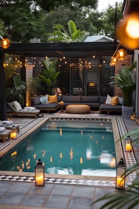 Backyard Landscaping Small Pool, Small Pool Garden Ideas, Backyard Ideas With Small Pool, Tiny House Patio Outdoor Spaces, Small Backyard With Inground Pool, Patio With Small Pool, Luxury Small Backyards, Outdoor Patio Ideas Pool, Small Gardens With Pool