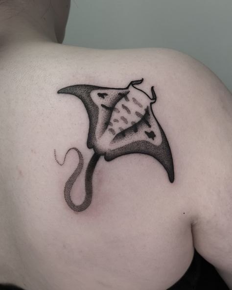 Sting ray tattoo on back of a shoulder Sting Ray Tattoo Traditional, Manta Ray Tattoo Traditional, Sting Ray Drawings, Sting Ray Tattoo, Stingray Tattoo, Ray Tattoo, Tattoo On Back, Sharpie Tattoos, Octopus Tattoo