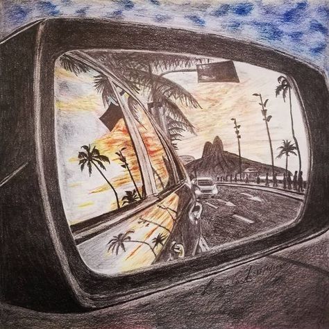 Car Mirror Reflection Painting, Car Side Mirror Drawing, Sunglasses Reflection Tattoo, Mirror Reflection Art Drawing, Reflection In Sunglasses Drawing, Gcse Art Sketchbook Reflections, Inside Of Car Drawing, Car Mirror Drawing, Window Reflection Drawing