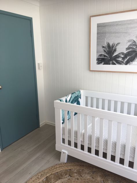 Coastal beach tropical gender neutral nursery Teal Nursery Gender Neutral, Teal Nursery, White Cot, Baby Nursery Design, Baby Wishlist, Gender Neutral Nursery, Baby Nursery Decor, Room Makeover Inspiration, Nursery Design